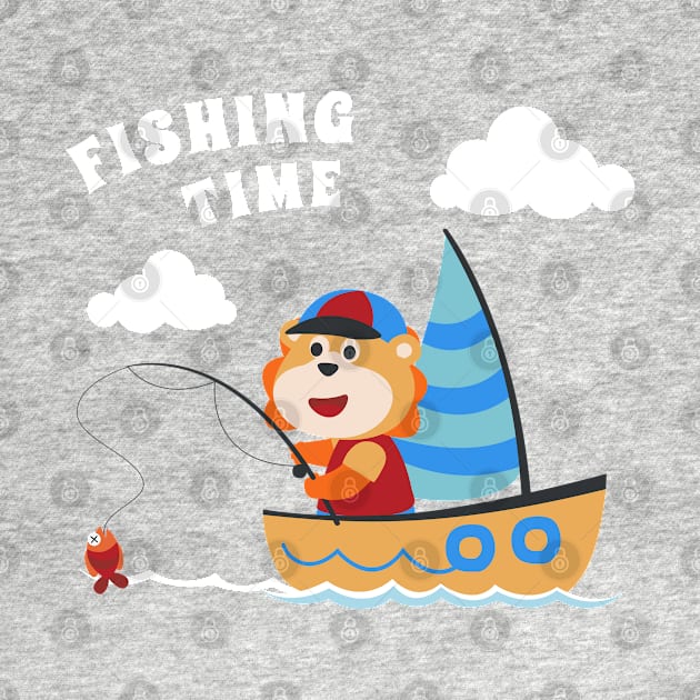 Vector cartoon illustration of cute lion fishing on sailboat with cartoon style. by KIDS APPAREL